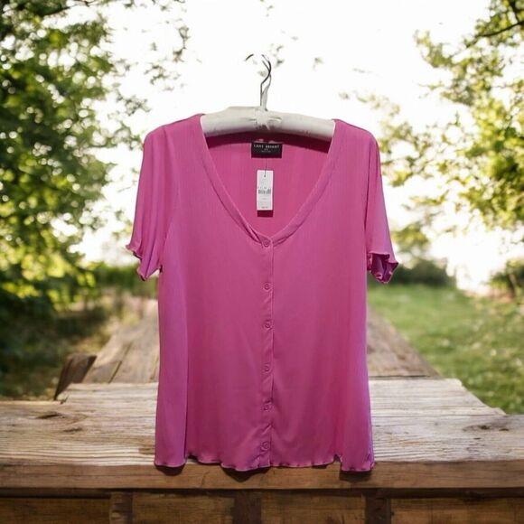 Lane Bryant Tops - Lane Bryant NWT Womens Short Sleeve Pink Top Button Down Blouse Vneck Size 14/16